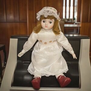 Vintage Porcelain Doll White Satin Dress Auburn Hair 18" Broken Hand READ